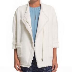 Joie Emanuelle Tweed Fringe Hem Zip Jacket Coat.